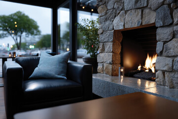 Obraz premium A warm and inviting indoor scene featuring a stylish chair near a stone fireplace, creating a perfect ambiance for relaxation and cozy gatherings in any modern home.