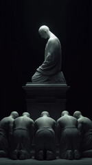 Surreal group of bald followers worshipping stone statue idol on pedestal. Concept of blind faith, cult, religious fanaticism, totalitarian leader and social manipulation