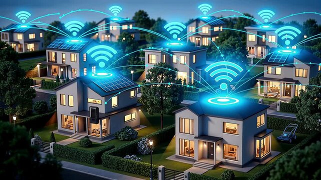 Smart home neighborhood glowing wifi signals connected houses showing futuristic digital network
