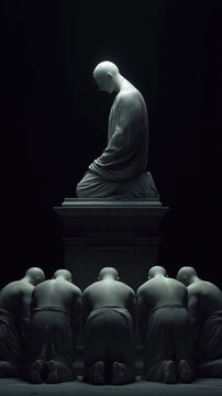 Surreal group of bald followers worshipping stone statue idol on pedestal. Concept of blind faith, cult, religious fanaticism, totalitarian leader and social manipulation