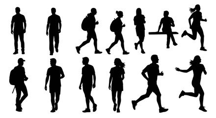 Fototapeta premium Silhouettes of people walking and running in various poses on a plain background
