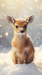 Vertical portrait of a young fawn in a snowy winter landscape. Cute baby deer with snow on its fur