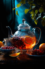 Ornate glass teapot with warm fruit tea, orange slices, and cranberries. Healthy beverage still life with dramatic lighting