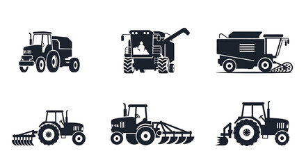 Collection of tractor and agricultural machinery silhouettes in various industrial farming operations
