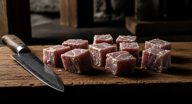 Traditional Icelandic H&aacute;karl: Prepared Cubes of Fermented Shark on a Rustic Wood Block