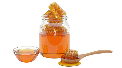 Honey in Jar and Spoon with Honeycomb Pieces