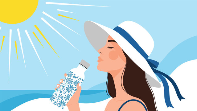 Beautiful woman in a sun hat drinking from a decorative water bottle while relaxing on a sunny beach near the ocean waves.