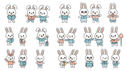 Obraz premium Large collection of cute cartoon white rabbit characters performing different daily activities and wearing outfits.