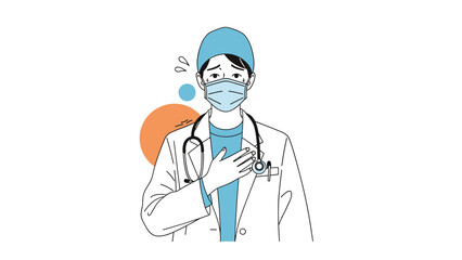Fototapeta premium Stressed female doctor wearing a medical mask and white coat showing signs of anxiety, fatigue, or work pressure.