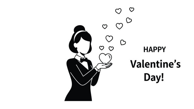 Elegant woman holding a heart with floating heart symbols celebrating Valentine Day in a black and white style.