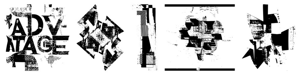Naklejka premium Abstract Geometric Typography Art with Distressed Textures and Fragmented Shapes