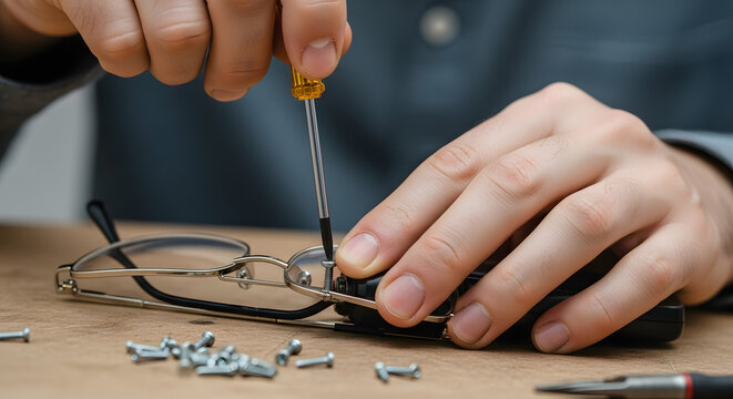 Person repairing eyeglasses with screwdriver on wooden table