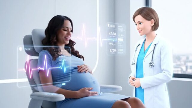 Future of Maternal Care A pregnant woman receives advanced medical consultation from a sophisticated virtual assistant, integrating AI and holographic displays for comprehensive health monitoring
