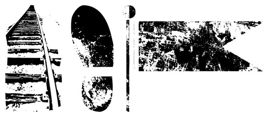 Obraz premium Grunge Styled Train Tracks, Footprint, and Abstract Urban Silhouette