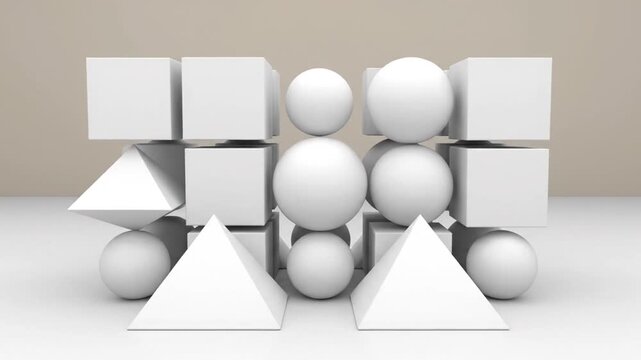Arrangement of various white 3D geometric shapes including cubes, spheres, and pyramids on a plain light background, abstract composition.