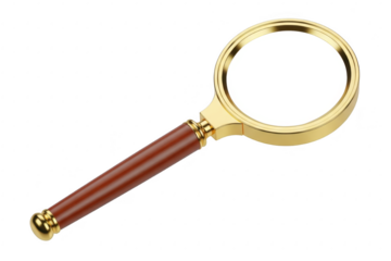 Golden magnifying glass with a wooden handle, symbolizing search, discovery, and detailed examination isolated on transparent background