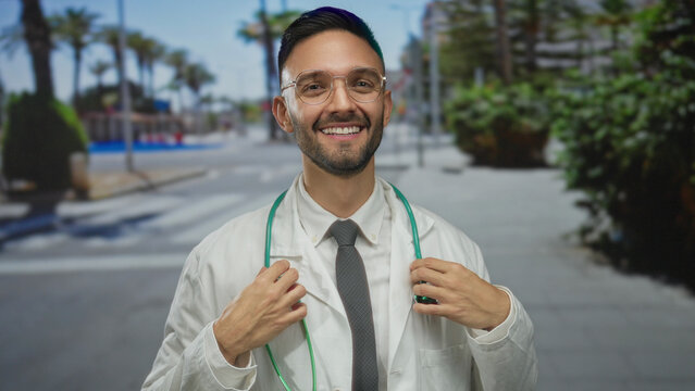 Young hispanic man in white coat with stethoscope smiles outdoors on urban city street with palm trees.