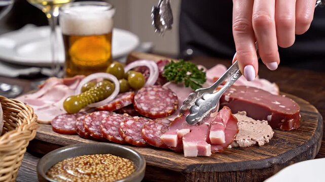 Delicious Meat Platter: Assorted Cured Meats, Sausage, and Accompaniments on Wooden Board