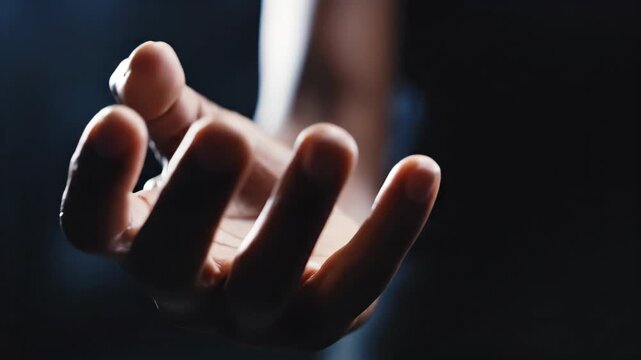 A dramatically lit close-up of a human hand, fingers slightly curled and outstretched, reaching towards the viewer, evoking feelings of offering, receiving, or seeking help within a dark, ci