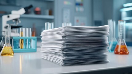 A Stack of Papers and Laboratory Equipment on a Desk in a Modern Research Lab Environment
