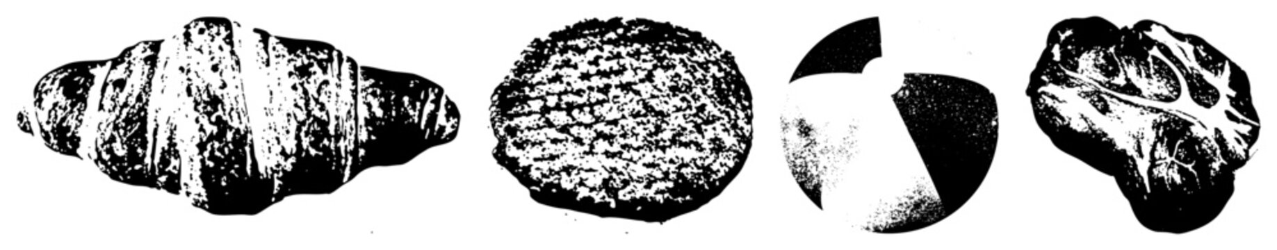 Four Black and White Bread and Pastry Illustrations with Textured