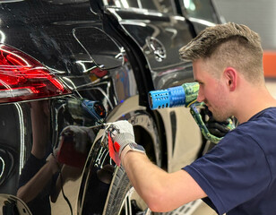 Obraz premium A car wrapping specialist applies a polyurethane film to the car. Detailer smoothes PPF. Car wrapping, detailing, tuning and styling. PPF protective film against chips and scratches. Car protection.