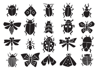Cute stylized garden bugs compilation set.  Vector doodle silhouette illustration set for web, t-shirt design, other graphic design use