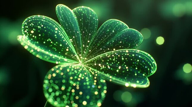 Abstract glowing four-leaf clover with sparkling particles and bokeh lights