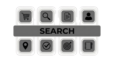 Search Icons: Shopping Cart, Magnifying Glass, Document, User, Location, Checkmark, Target, Notes