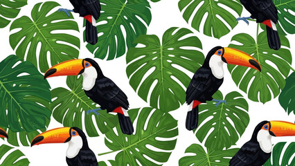 Fototapeta premium Seamless tropical pattern featuring vibrant toucans and lush green monstera leaves on a white background, perfect for textile design.