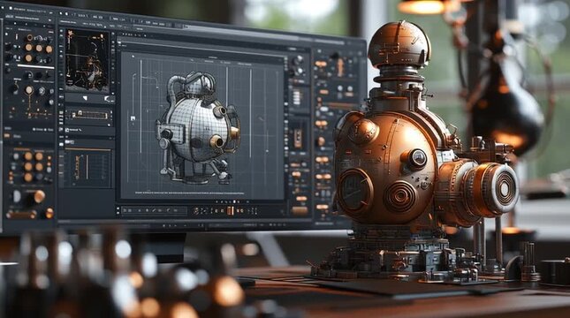 Steampunk mechanical device design on computer screen with 3D model and physical prototype