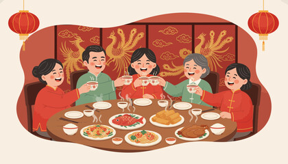 Chinese family enjoying traditional meal together