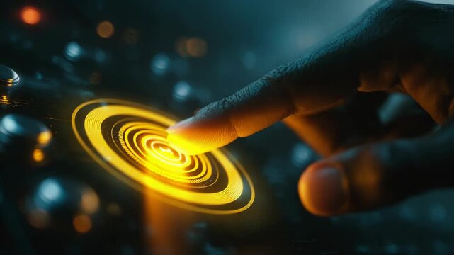 Futuristic technology touch interface with glowing digital innovation, hand control on modern cyber panel, advanced touchscreen interaction, creative concept, glowing button, user experience