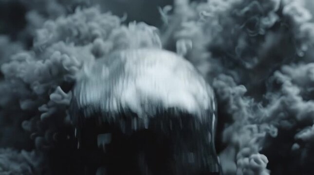 Dark skull with burning eyes and cigarette engulfed in smoke, symbolizing death