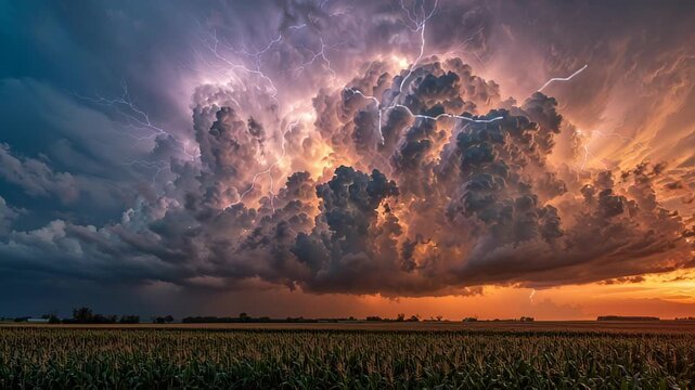 Dramatic lightning illuminates a sunset over a cornfield