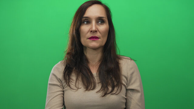 Woman with long hair stands with hand on chest against vibrant green background, wearing casual beige top, expressing emotion in isolated setting.