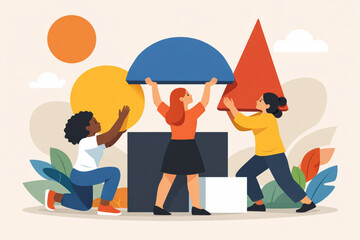Women lifting abstract geometric shapes together symbolizing teamwork and resilience