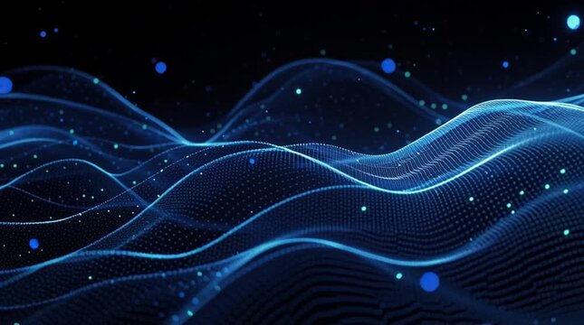 Abstract blue digital wave pattern with glowing particles and dark background