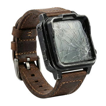 Smashed smartwatch with leather strap isolated. Broken wearable technology.