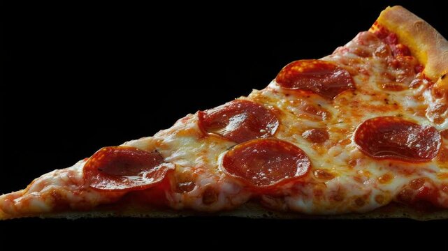 Video A single slice of pepperoni pizza on a black background