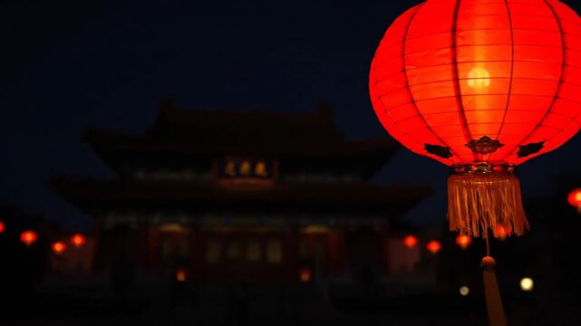 Red Lanterns Illuminate Traditional Chinese Architecture at Night.