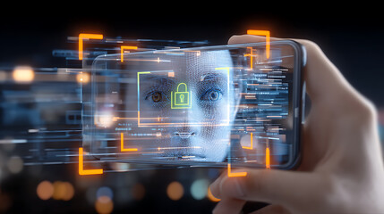 Facial recognition mobile phone digital security data protection biometric scan cyber security face scan identity verification privacy technology concept facial recognition mobile phone digital
