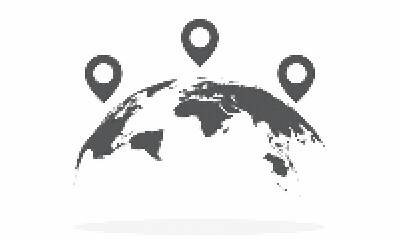 Black and white illustration of a world map with three location pins on it in a pixelated style © Muaz