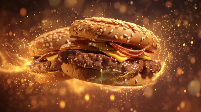 Two gourmet burgers levitate amidst swirling golden energy and sparks