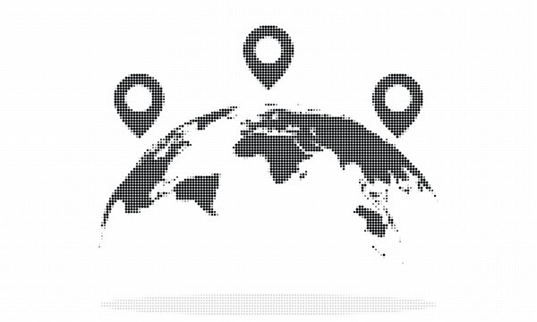 Black and white illustration of a world map with three location pins on it in a pixelated style