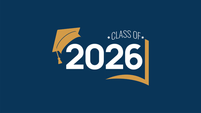 Class of 2026. White number, education academic cap and open book on blue background. Template for graduation design frame, high school, college congratulation graduate, yearbook. Vector illustration.
