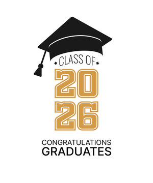 Class of 2026 holiday. Blue number, education academic cap and open book on white background. Template for graduation design frame, high school, college congratulation graduate. Vector illustration.