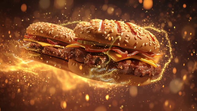 Two juicy burgers levitate amidst glowing embers and energetic sparks