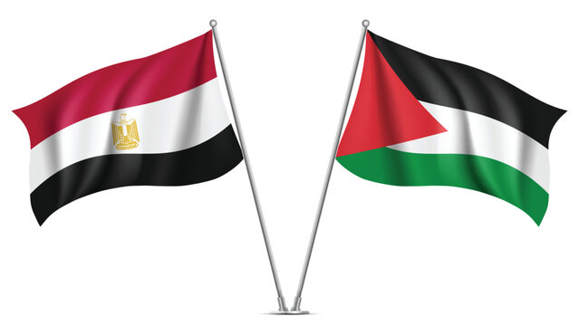 High Quality background with Two Standings Wavy Flags of Egypt and Palestine