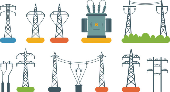 Set of electrical transmission towers and transformer icons, power grid infrastructure elements, energy distribution systems illustration, utility engineering collection